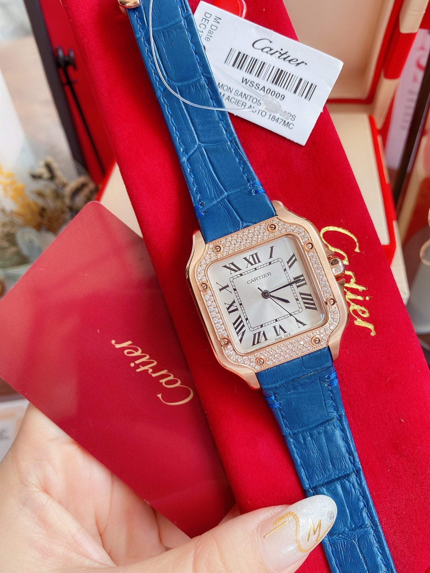 SANTOS LADY 35MM QUARTZ ROSE GOLD CASE DIAMOND BEZEL LEATHER