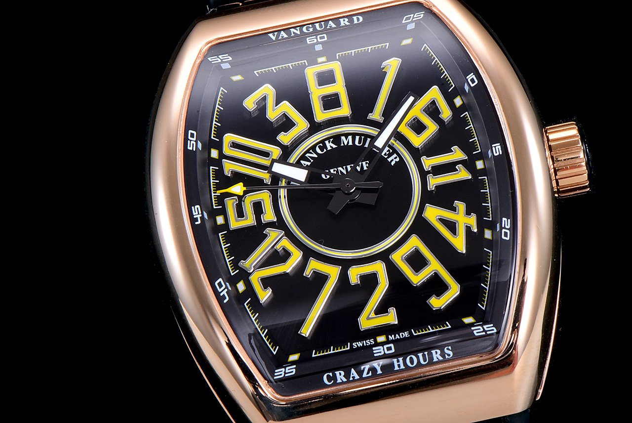 FRANCK VANGUARD CRAZY HOURS ROSE GOLD CASE YELLOW NUMERALS