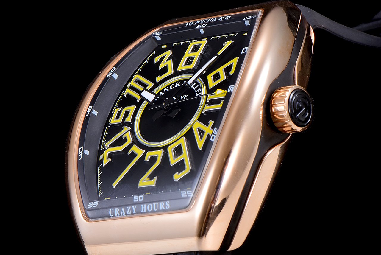 FRANCK VANGUARD CRAZY HOURS ROSE GOLD CASE YELLOW NUMERALS