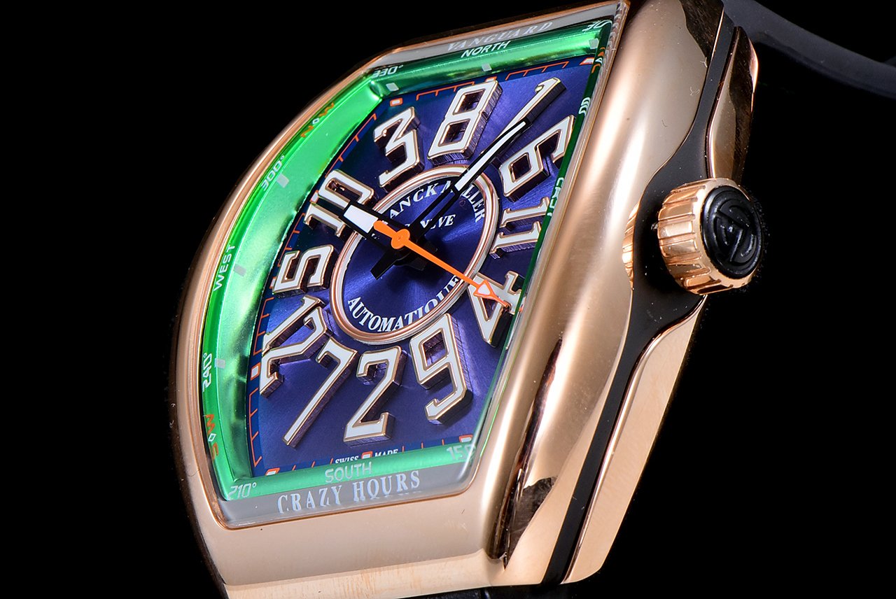 FRANCK VANGUARD CRAZY HOURS ROSE GOLD CASE BLUE DIAL