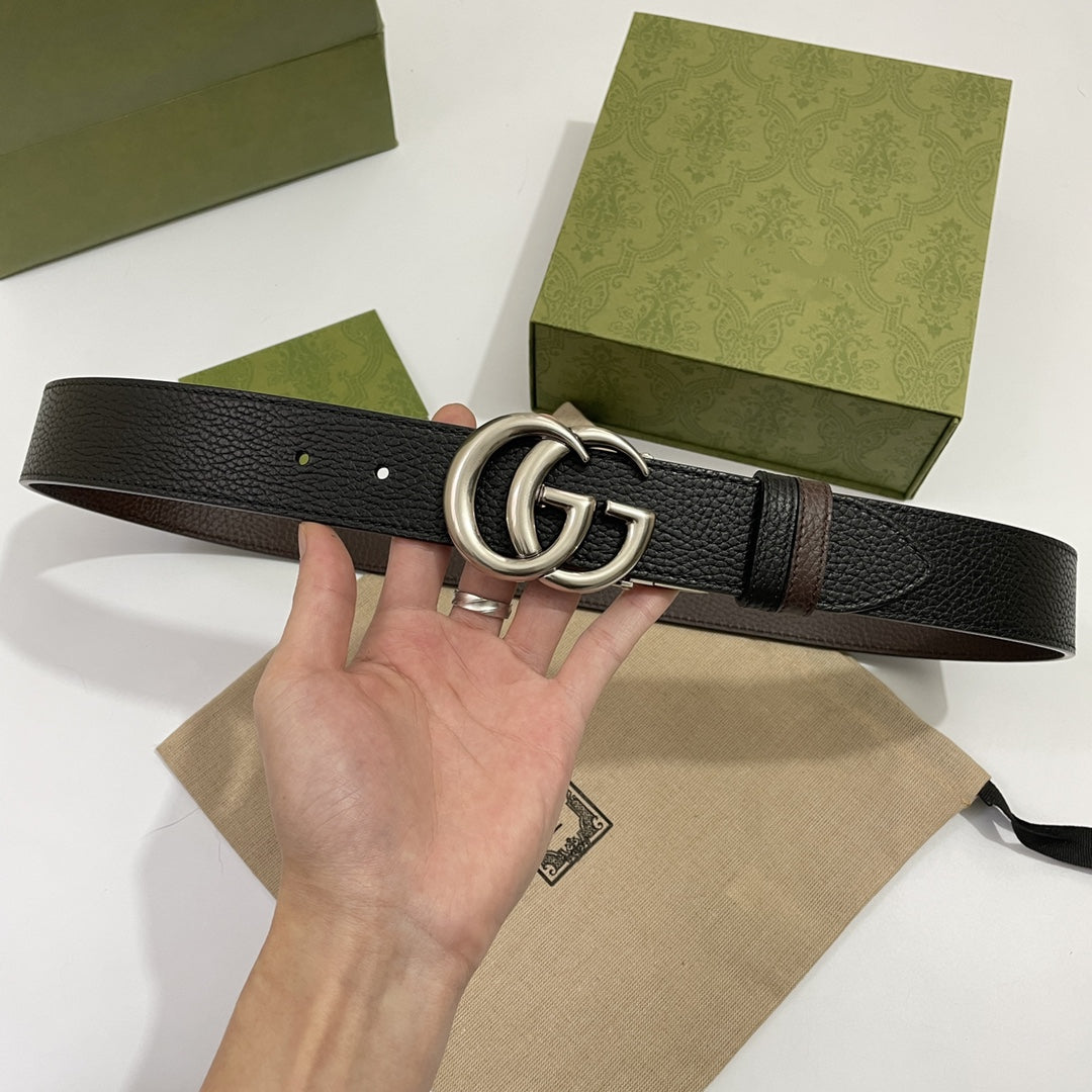 DOUBLE G SILVER BUCKLE 38MM BLACK BROWN LEATHER
