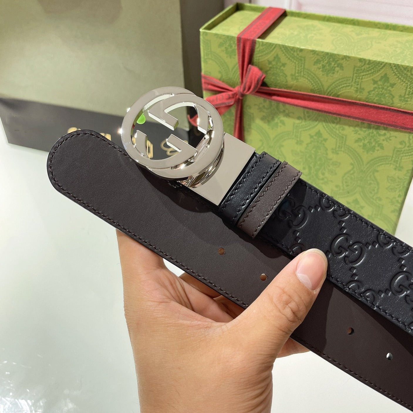 INTERLOCKING G SILVER BUCKLE 37MM BLACK BROWN LEATHER