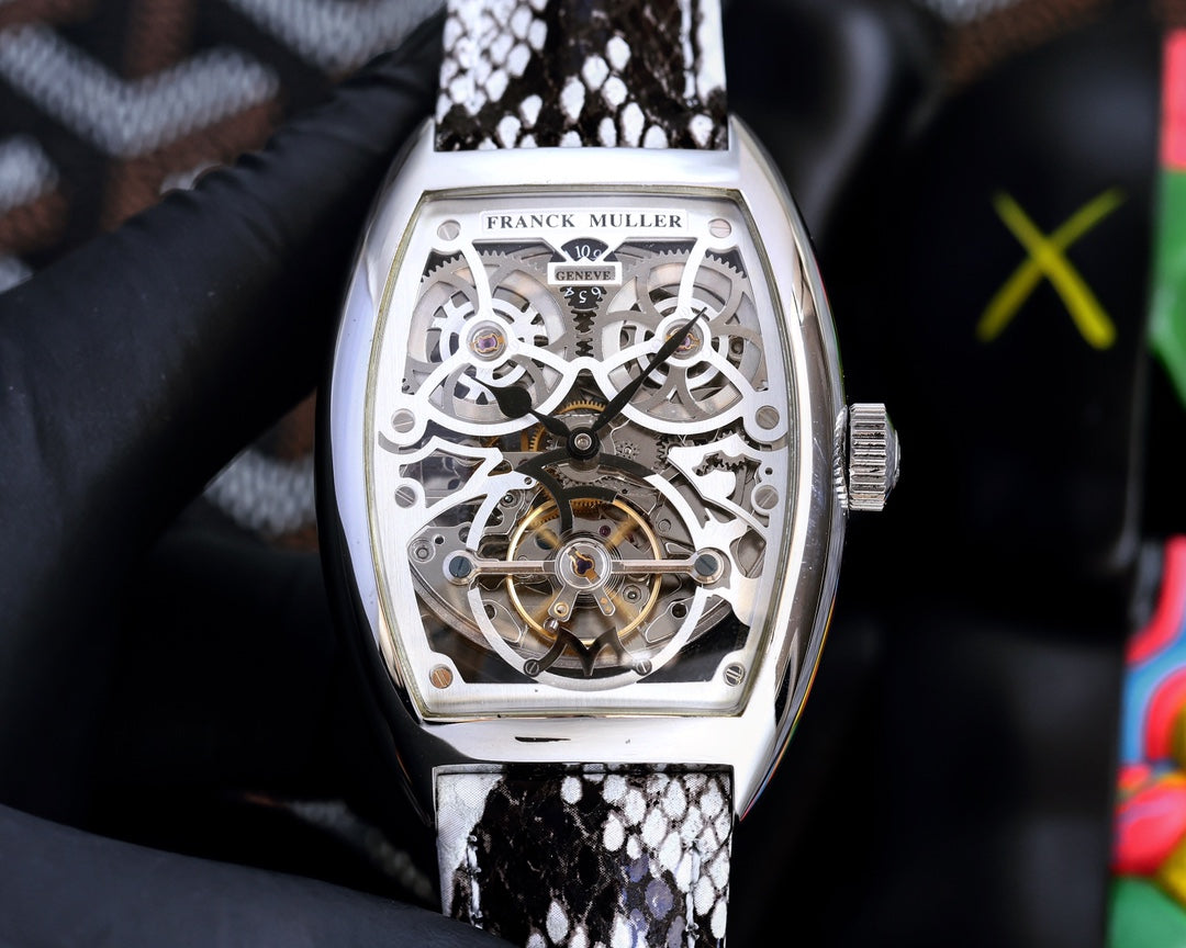 VANGUARD STEEL CASE SKELETON DIAL BLACK WHITE LEATHER