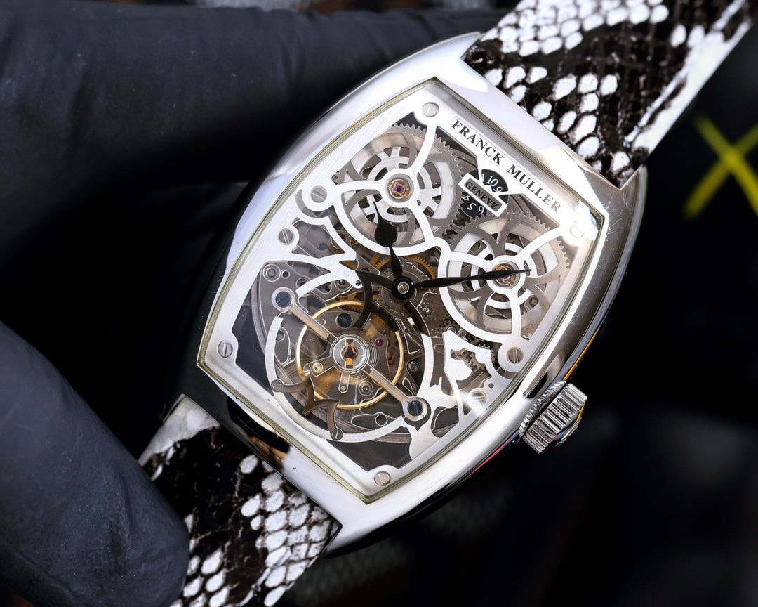 VANGUARD STEEL CASE SKELETON DIAL BLACK WHITE LEATHER