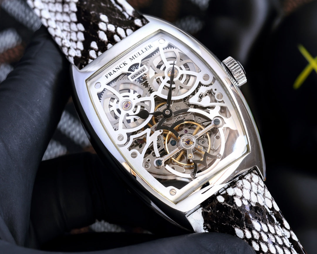 VANGUARD STEEL CASE SKELETON DIAL BLACK WHITE LEATHER