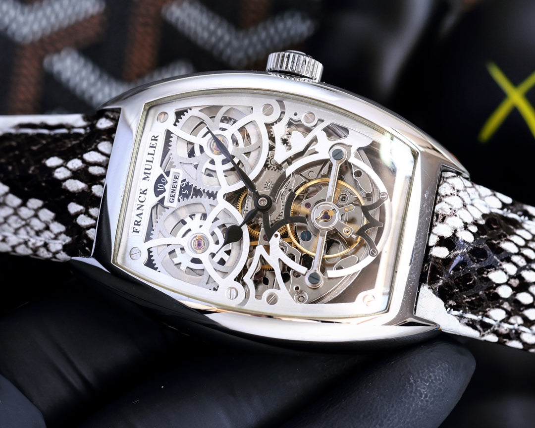 VANGUARD STEEL CASE SKELETON DIAL BLACK WHITE LEATHER