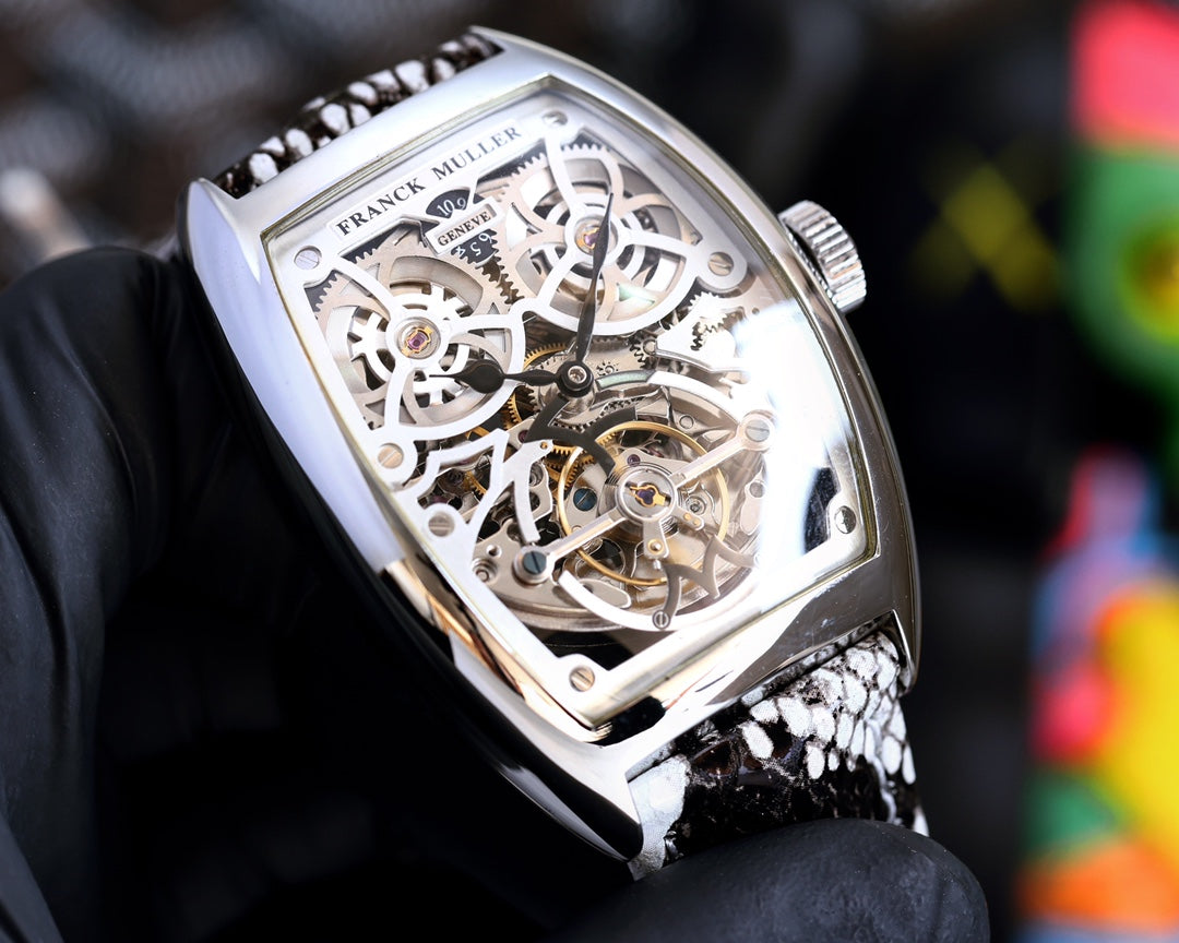 VANGUARD STEEL CASE SKELETON DIAL BLACK WHITE LEATHER