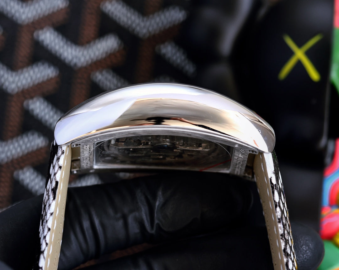 VANGUARD STEEL CASE SKELETON DIAL BLACK WHITE LEATHER