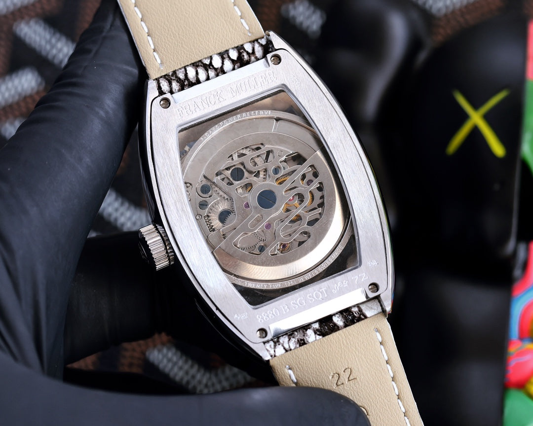 VANGUARD STEEL CASE SKELETON DIAL BLACK WHITE LEATHER