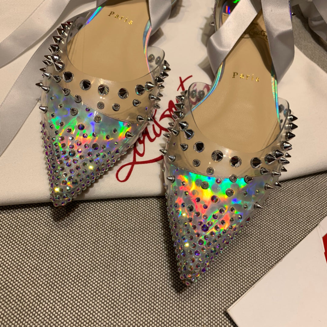 CL Mechante Reine Flats Spike Leather and PVC Silver