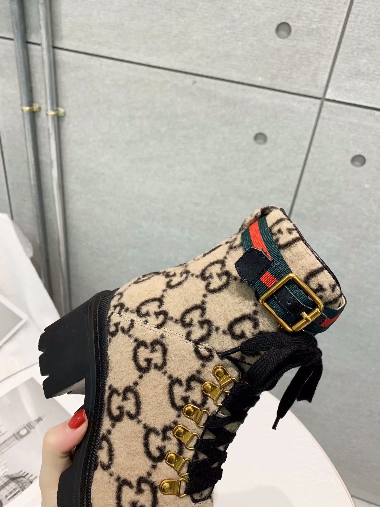 GG Ankle Heel Boots Beige Black Velvet