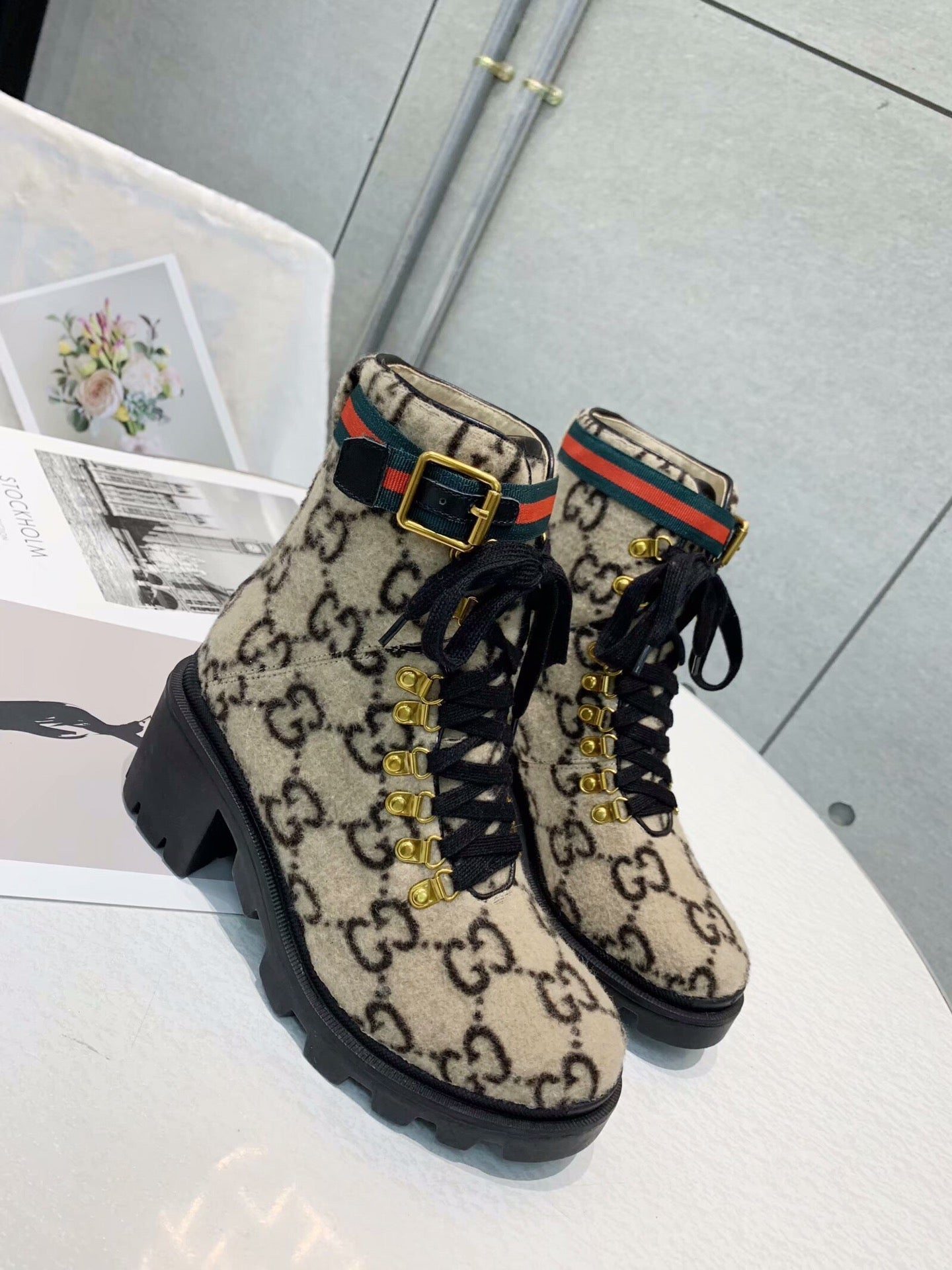 GG Ankle Heel Boots Beige Black Velvet
