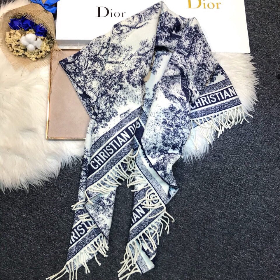 Dior 2026 Toile de Jouy Scarf 140cm Blue White Wool And Cashmere 190051