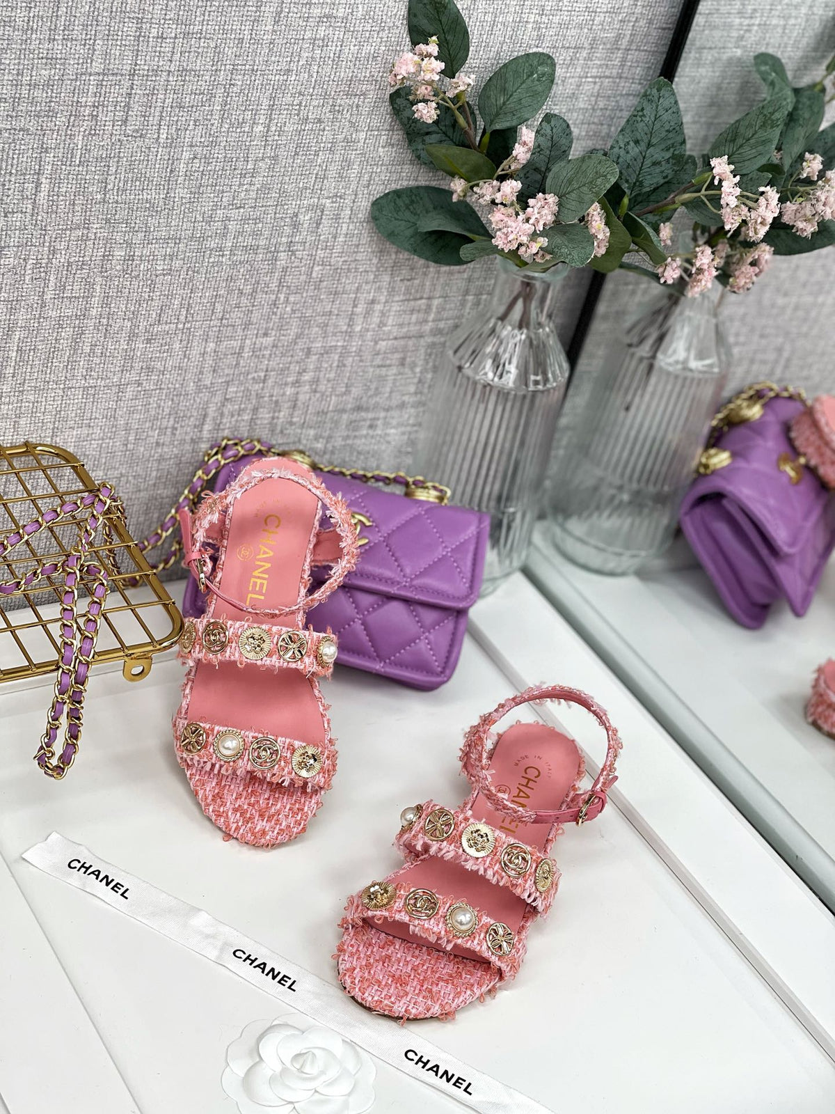 Chanel 2026 Interlocking CC Logo Sandals Tweed 162285