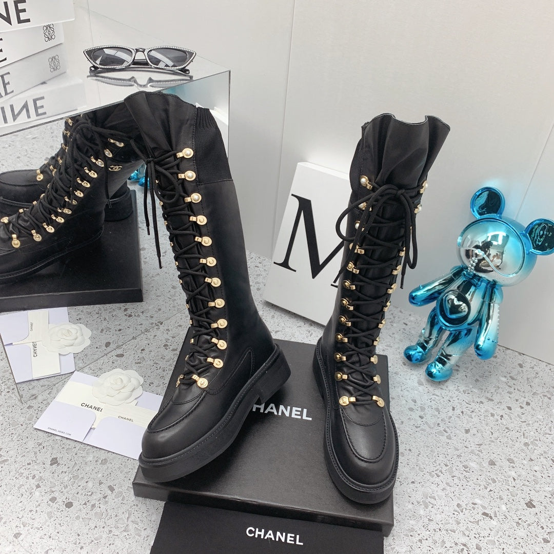 Chanel 2026 Knit Lace Up Combat Boots Black Calfskin 162215
