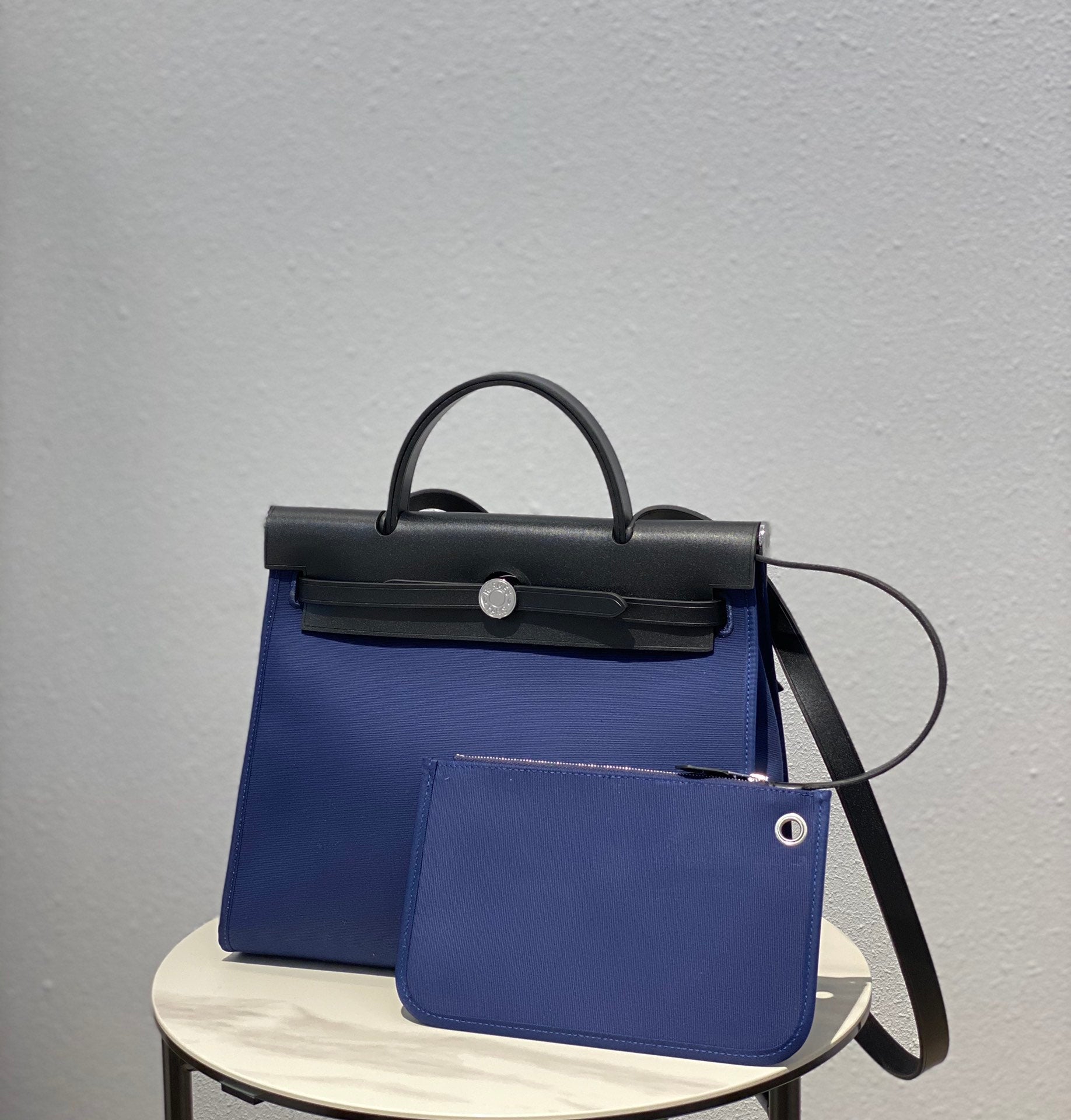 Herbag 31 Toile Blue Canvas Black Cowhide Leather