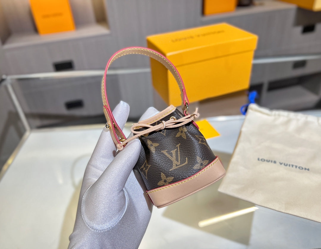 LV Micro Noe Bag Charm Brown Beige Leather