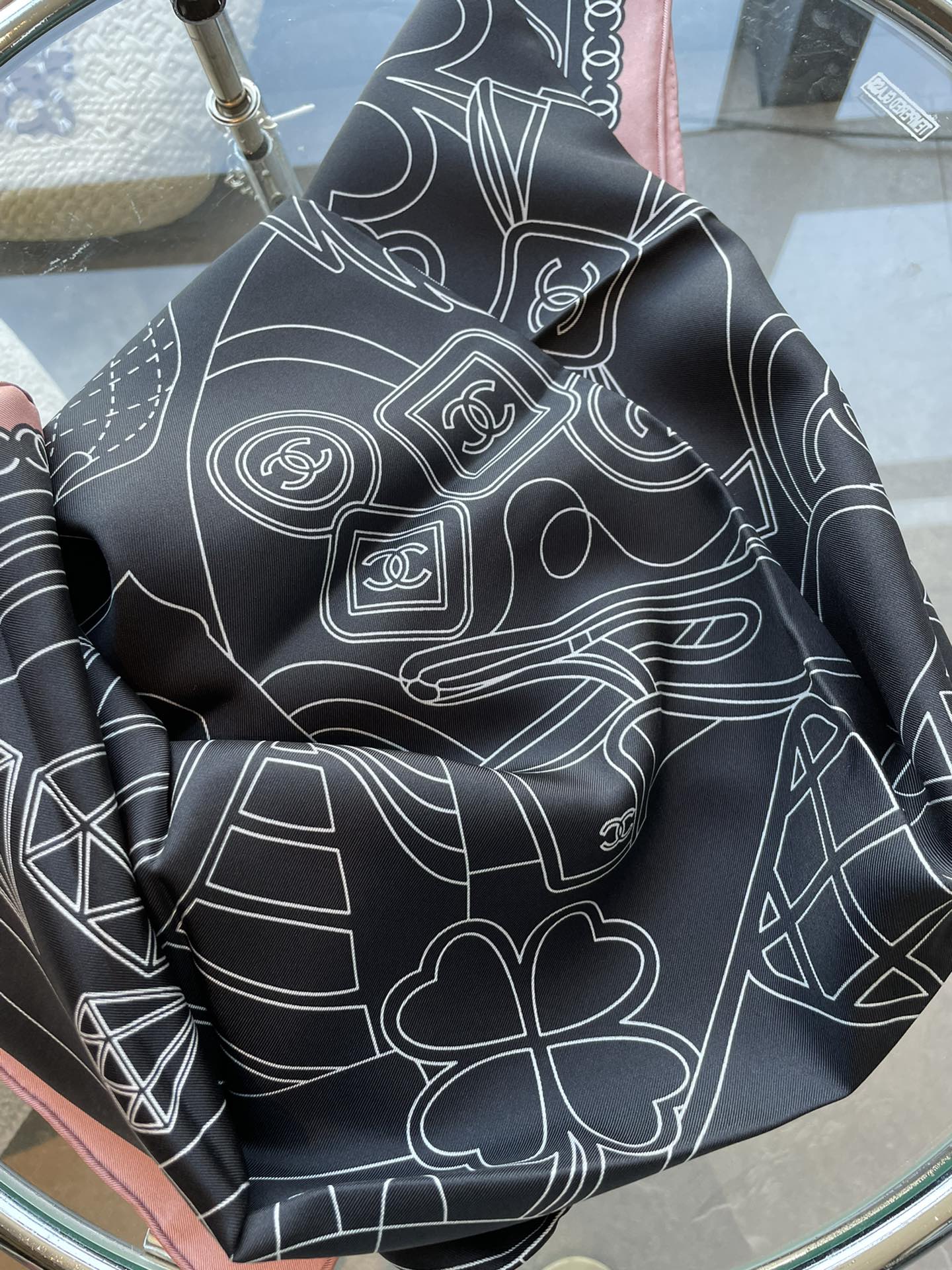 CC Square Scarf 90 CM In Black Mix White Pink Cashmere Silk 288707