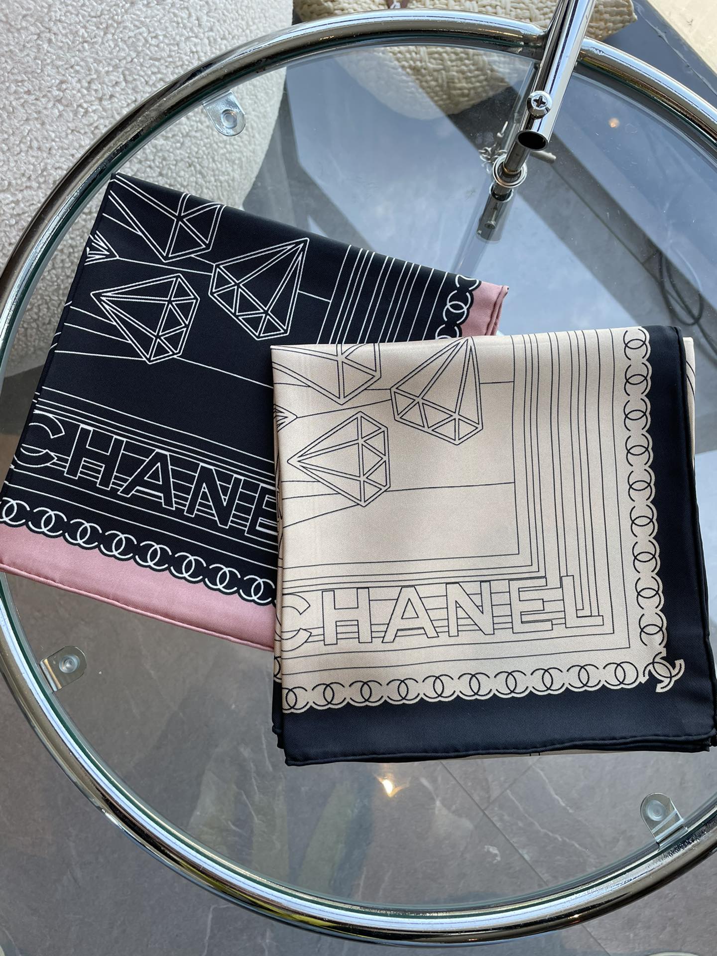 CC Square Scarf 90 CM In Black Mix White Pink Cashmere Silk 288707