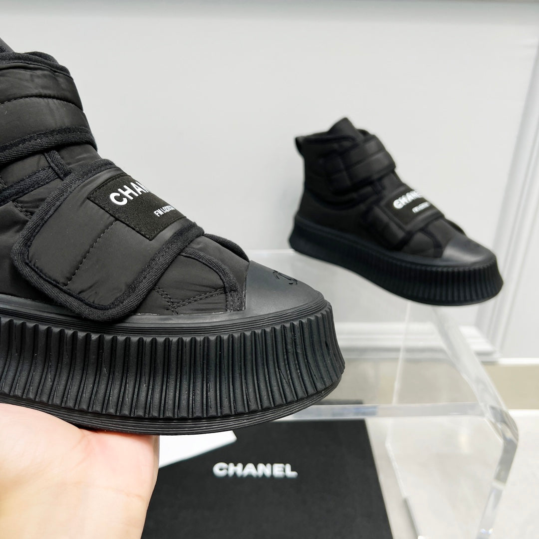 CC High Top Sneaker Thick-Soled Black Rain Velvet Fabric
