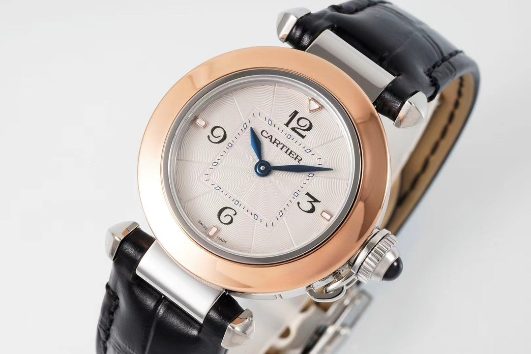 pasha 30mm quartz pink gold white dial black leather