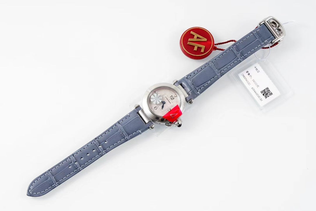 pasha 30mm quartz stainless steel white dial cloud blue leather