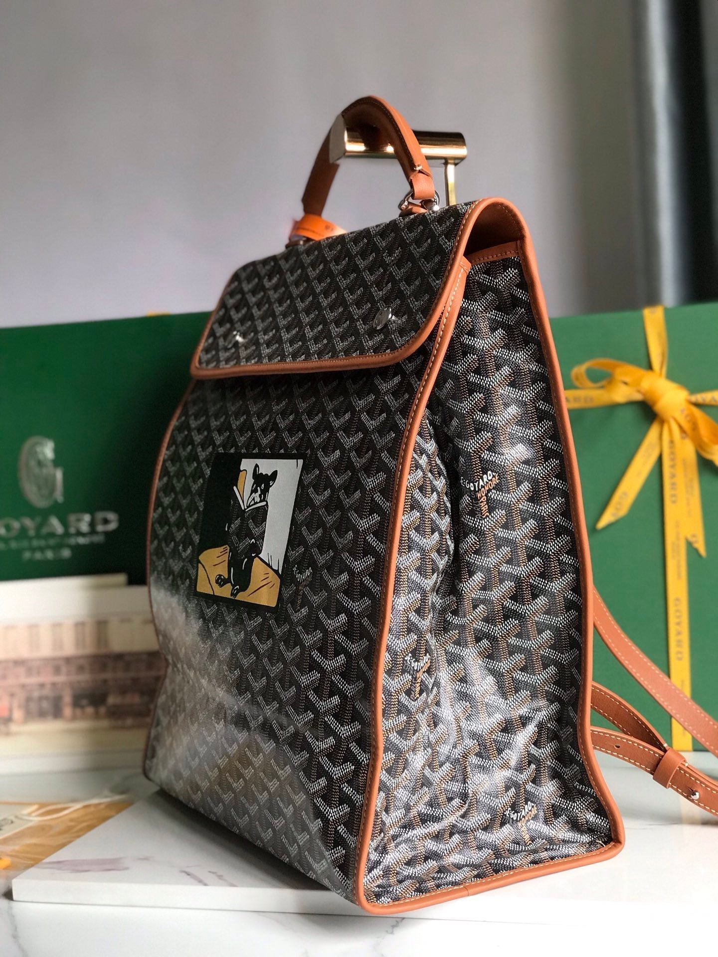 SAINT LÃ‰GER BACKPACK 35 IN BROWN GOYARDINE CANVAS AND CALFSKIN WITH CARTOON PATCH
