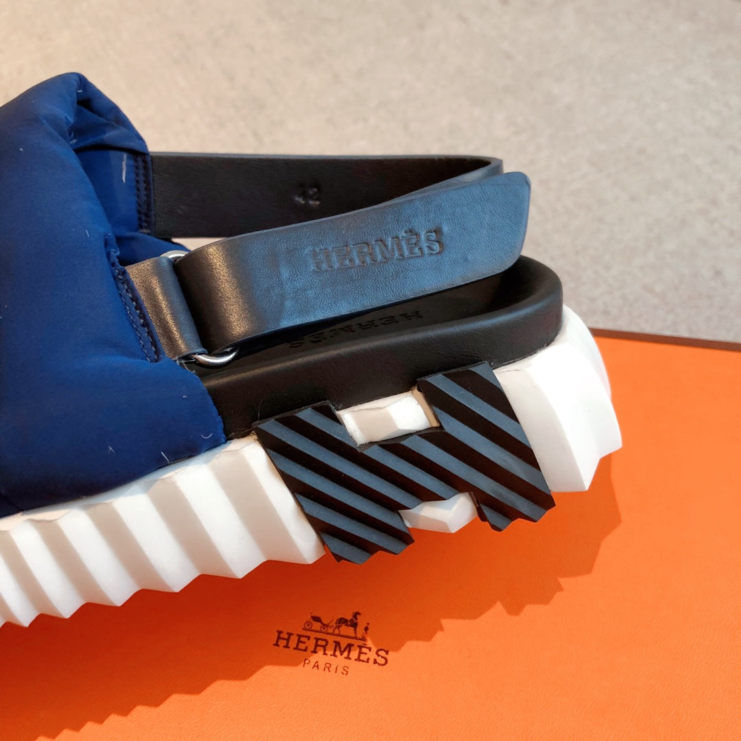 HM ELECTRIC SANDAL COBALT FABRIC AND CALFSKIN