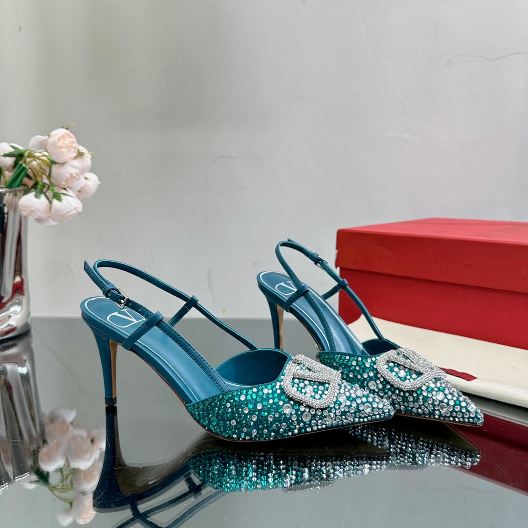 Vlogo Signature Slingback 70 Dark Blue Calfskin With Crystals