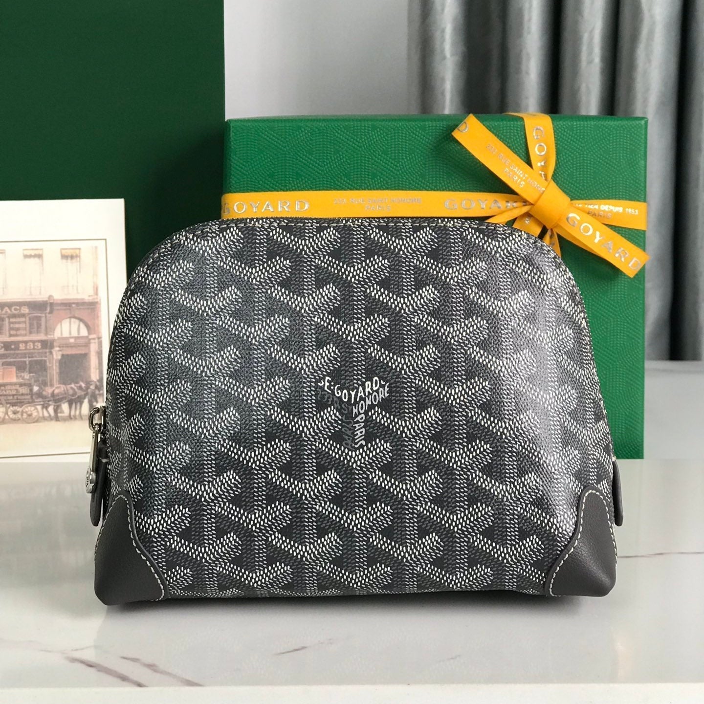 VENDÃ”ME COSMETIC POUCH 17 IN GREY BLACK GOYARDINE CANVAS AND CALFSKIN TRIM