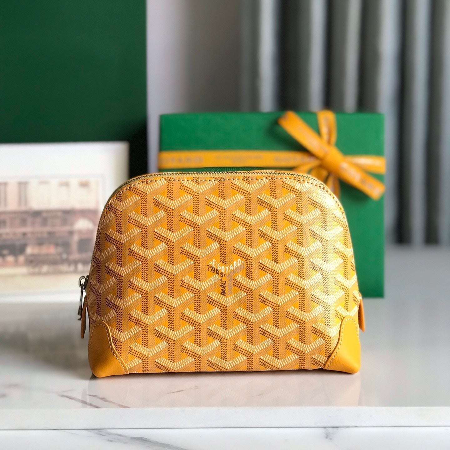 VENDÃ”ME COSMETIC POUCH 17 IN YELLOW GOYARDINE CANVAS AND CALFSKIN TRIM