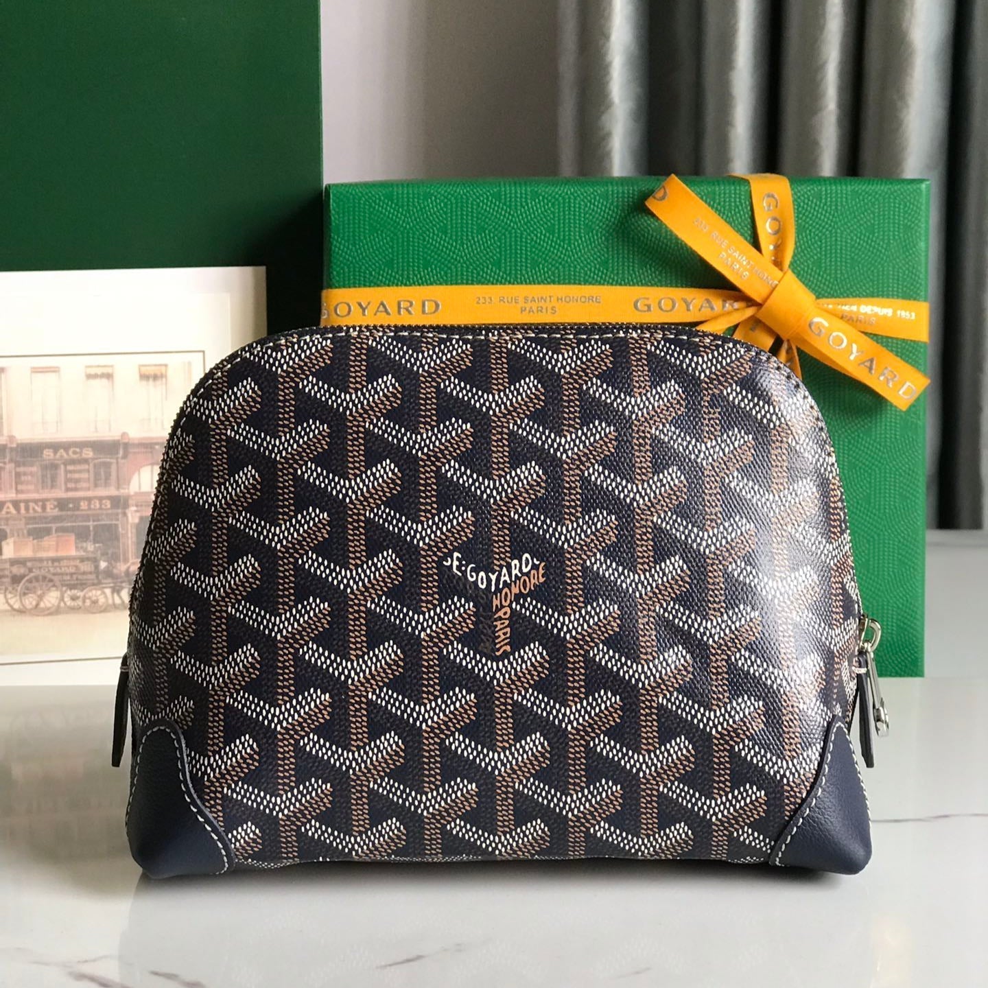 VENDÃ”ME COSMETIC POUCH 17 IN NAVY BLUE GOYARDINE CANVAS AND CALFSKIN TRIM