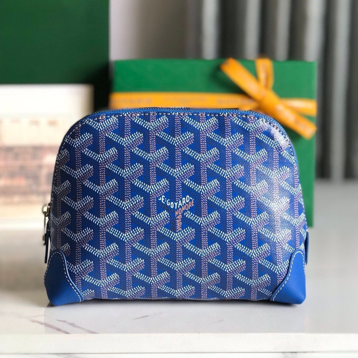 VENDÃ”ME COSMETIC POUCH 17 IN SAPPHIRE BLUE GOYARDINE CANVAS AND CALFSKIN TRIM