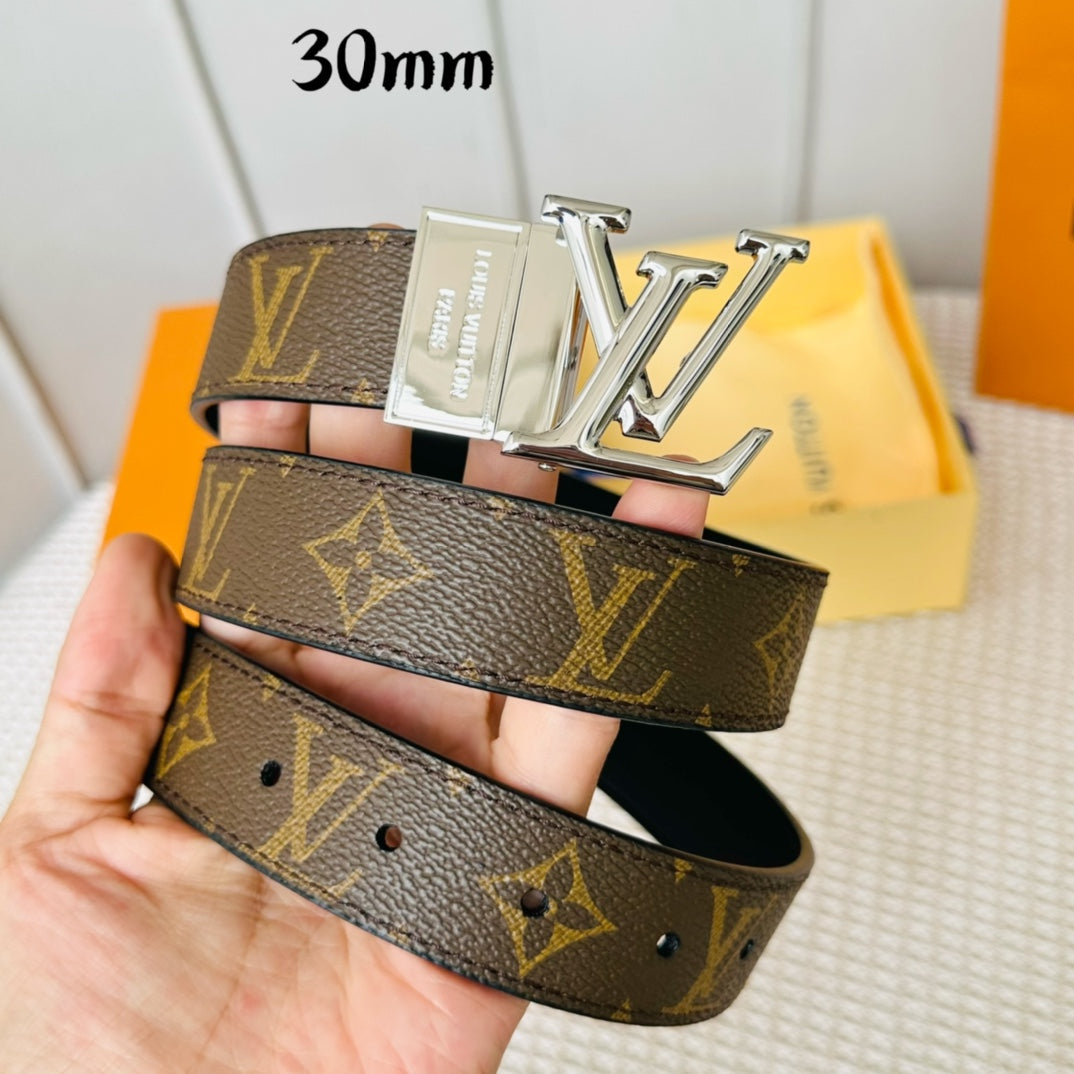 LV Initiales Reversible Belt Silver Rotating Buckle Black Brown Leather