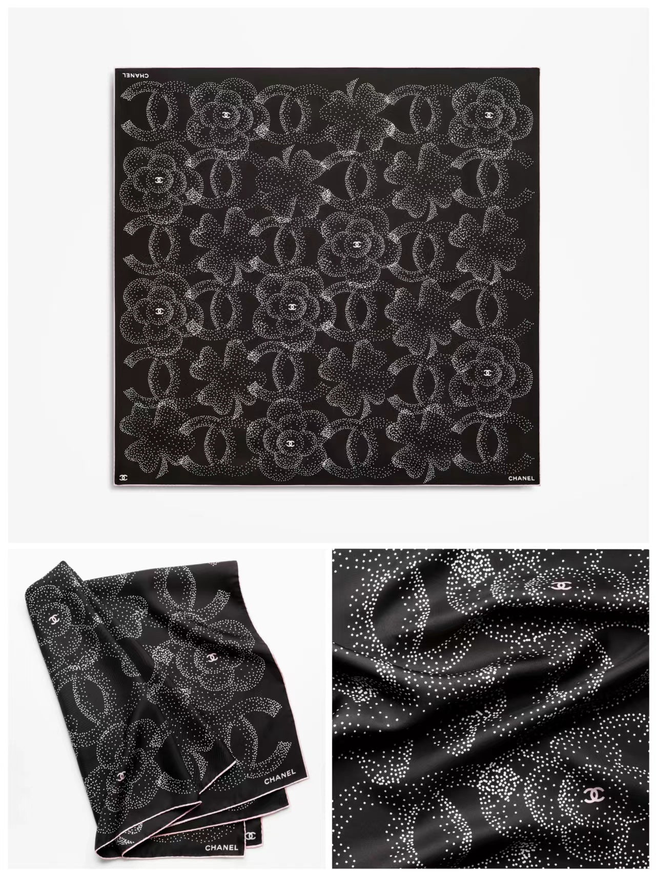 CC Square Scarf 90 CM In Black Camellia Polka Dot Silk 288736
