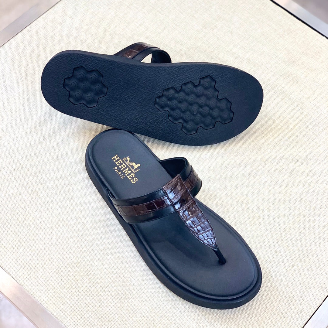 HM Men's Thong Sandals Brown Black Rubber Sheepskin 561666