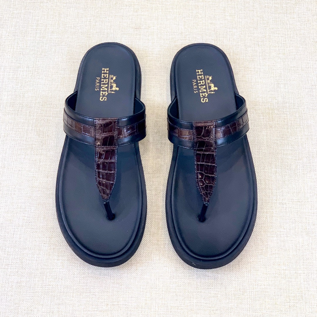 HM Men's Thong Sandals Brown Black Rubber Sheepskin 561666