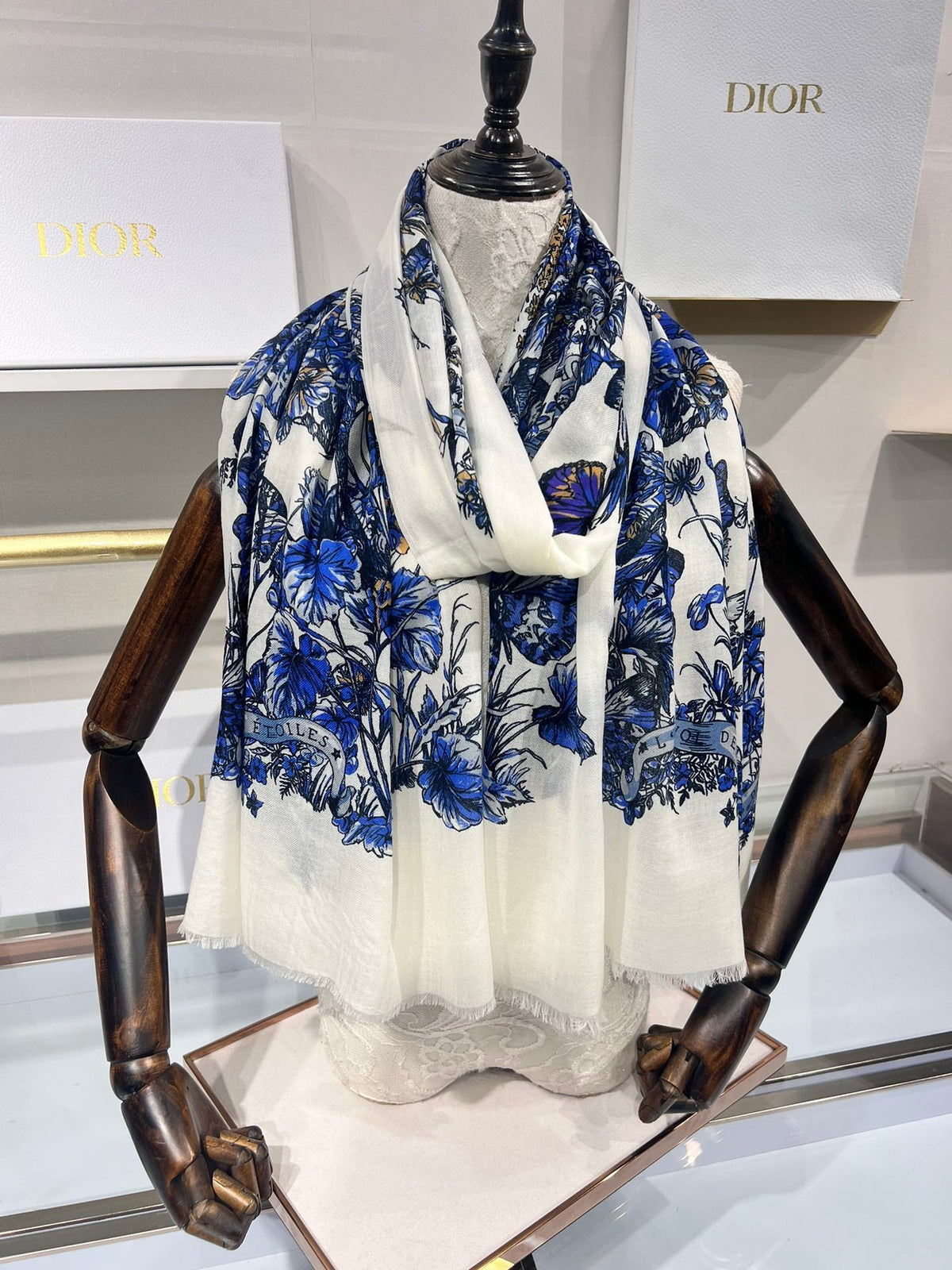 Dior 2026 Butterfly Floral Scarf 200cm Blue White Silk And Cashmere 183310