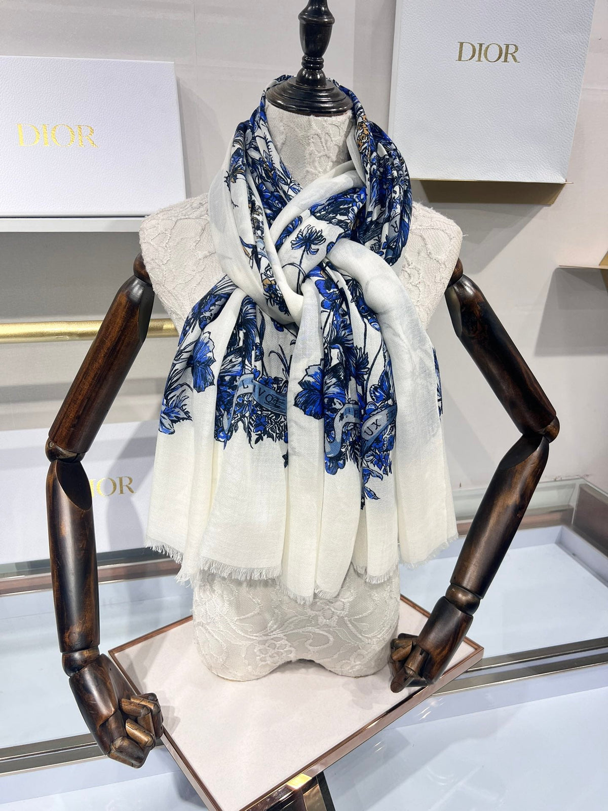 Dior 2026 Butterfly Floral Scarf 200cm Blue White Silk And Cashmere 183310
