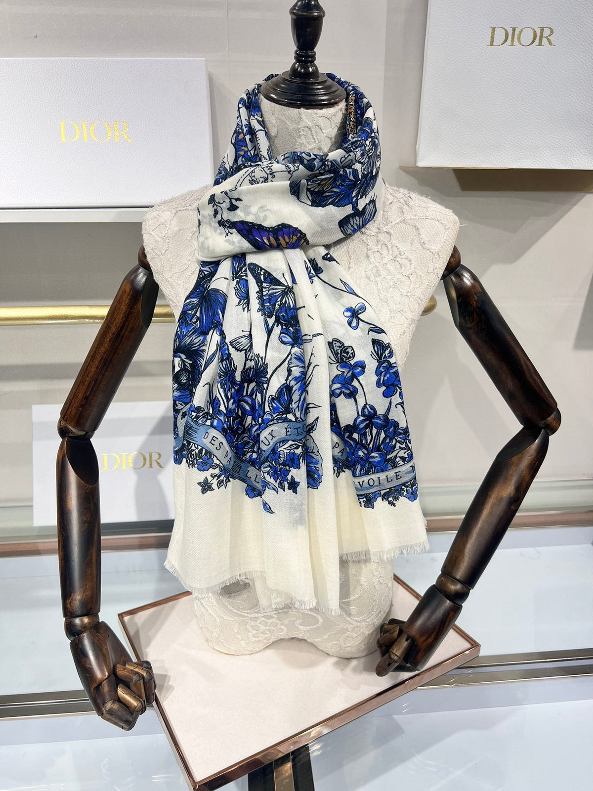 Dior 2026 Butterfly Floral Scarf 200cm Blue White Silk And Cashmere 183310
