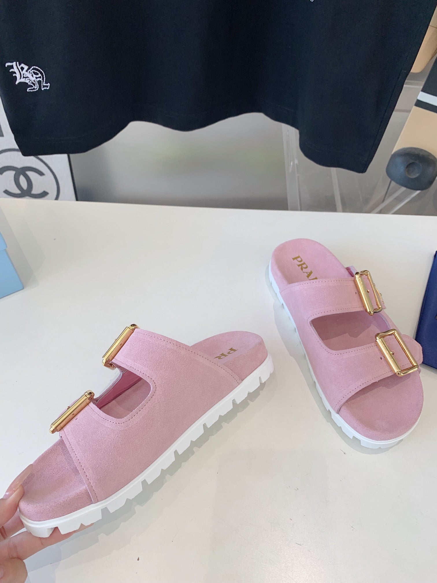 PRA STRAP SLIDES SANDALS PASTEL PINK SUEDE