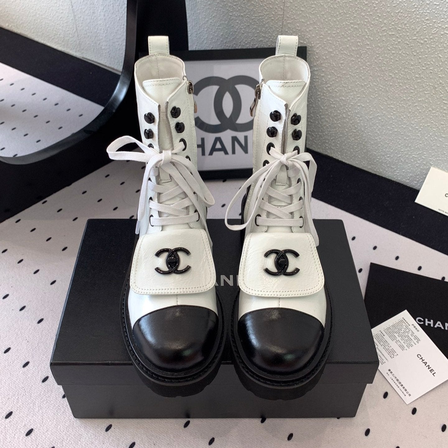 CC Short Boots In White Mix Black Logo Print Lambskin 938060