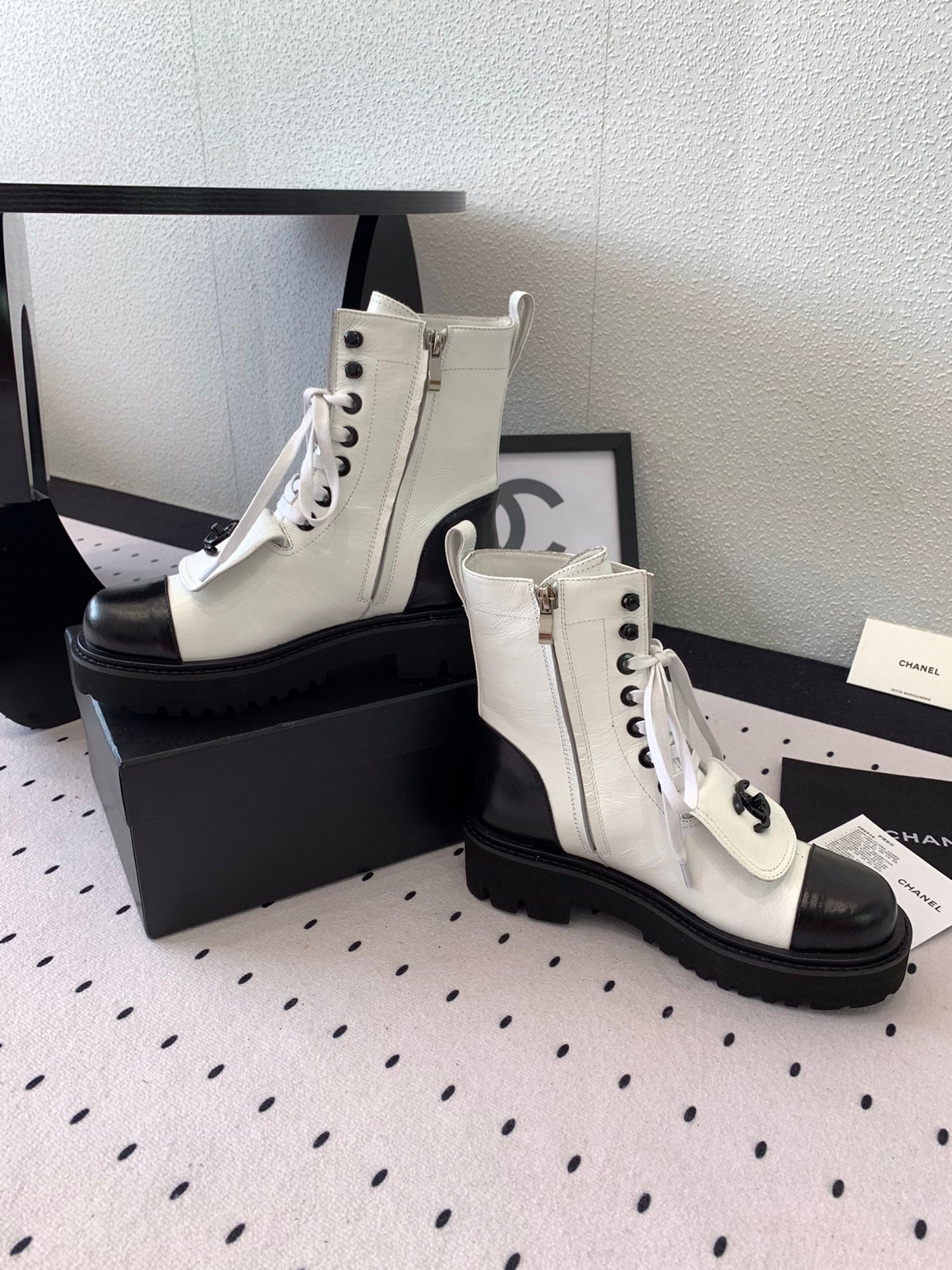 CC Short Boots In White Mix Black Logo Print Lambskin 938060