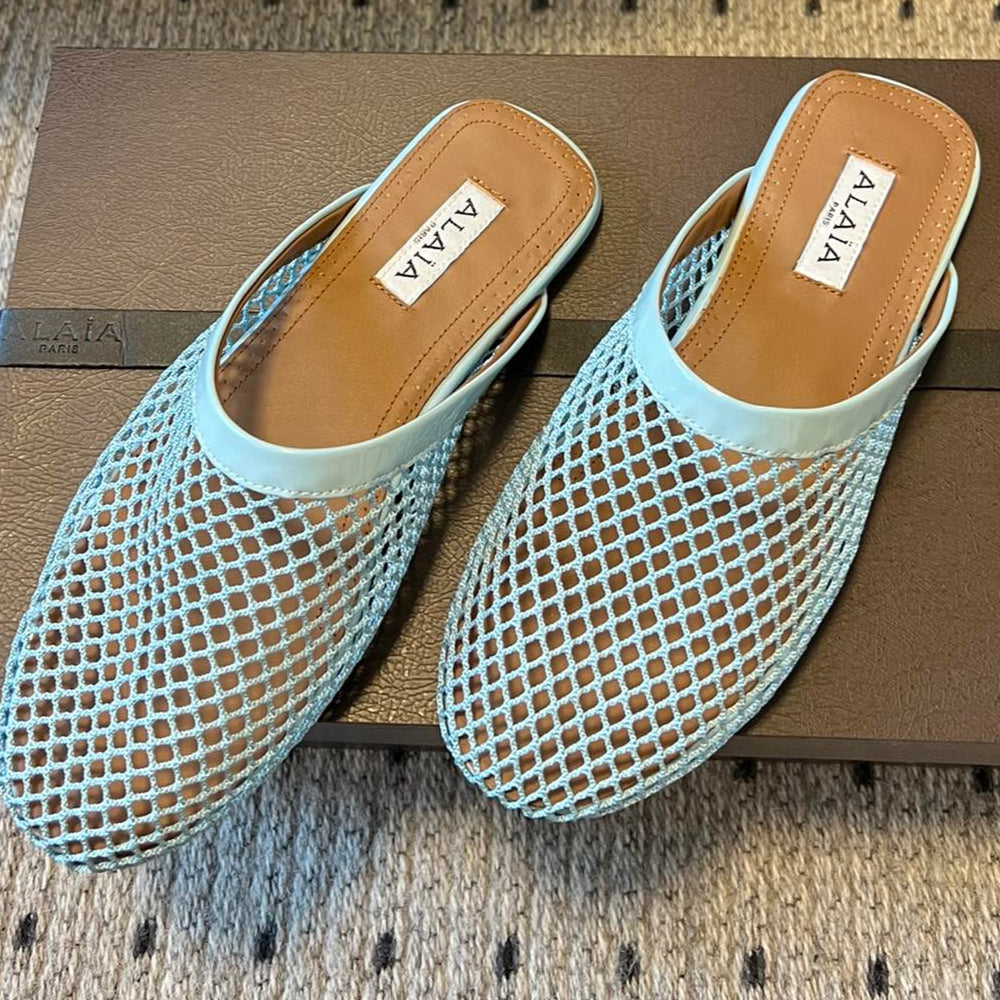 Alaia 25 Fishnet Flat Mules Lagoon Green Lampskin 303684