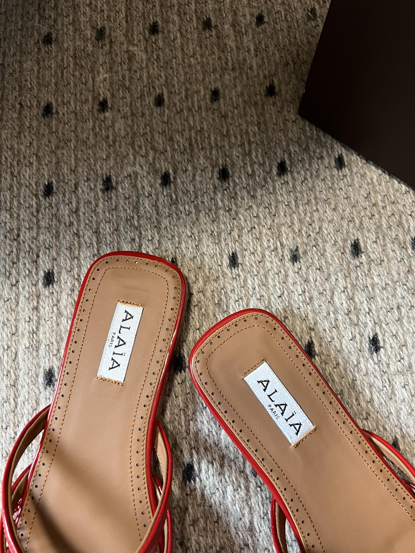 Alaia 25 Infradito Fishnet Flat Mules Red Lampskin 303710