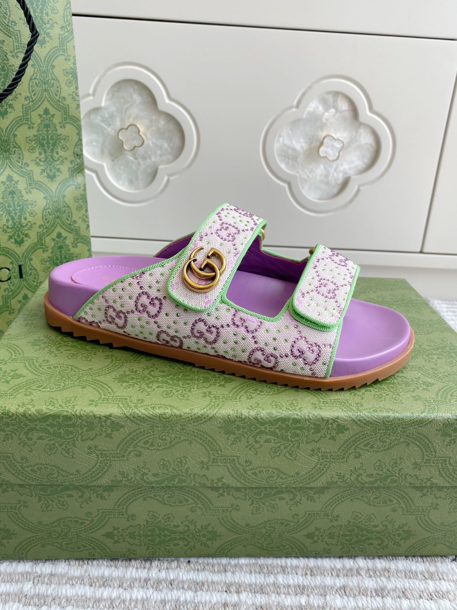 GC sandal with Double G Purple Canvas Sheepskin 291018