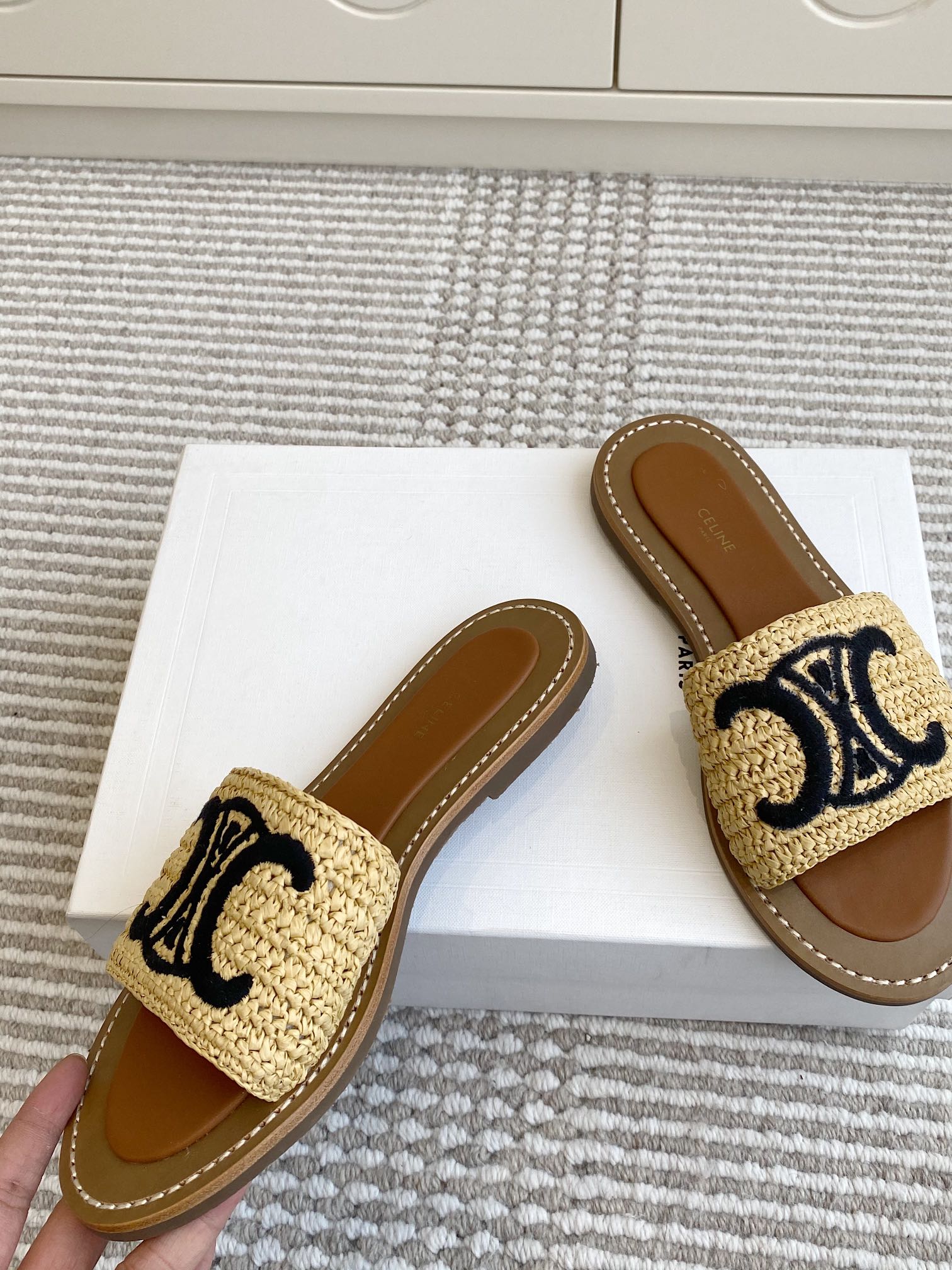 CELINE 25 Slippers Beige Black Sedge 285982