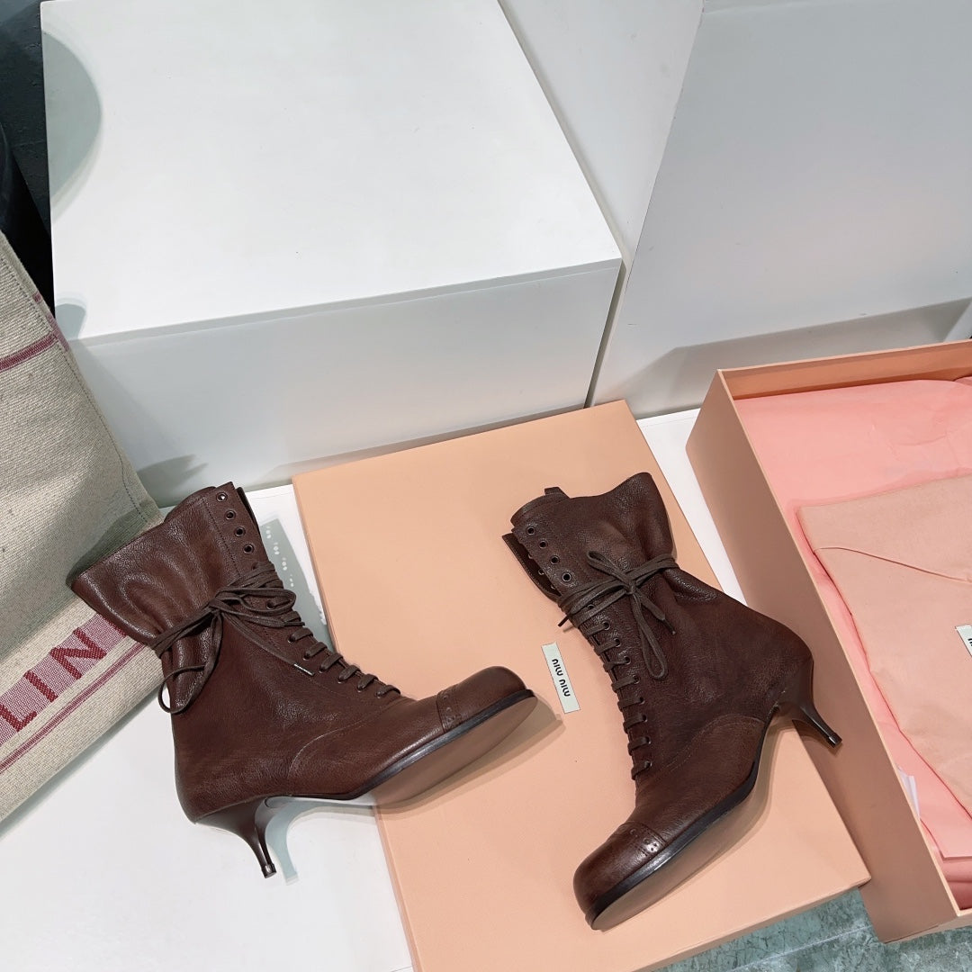 Miumiu 25 Low-heeled Ankle Boot Chocolate Brown Cowhide 511262