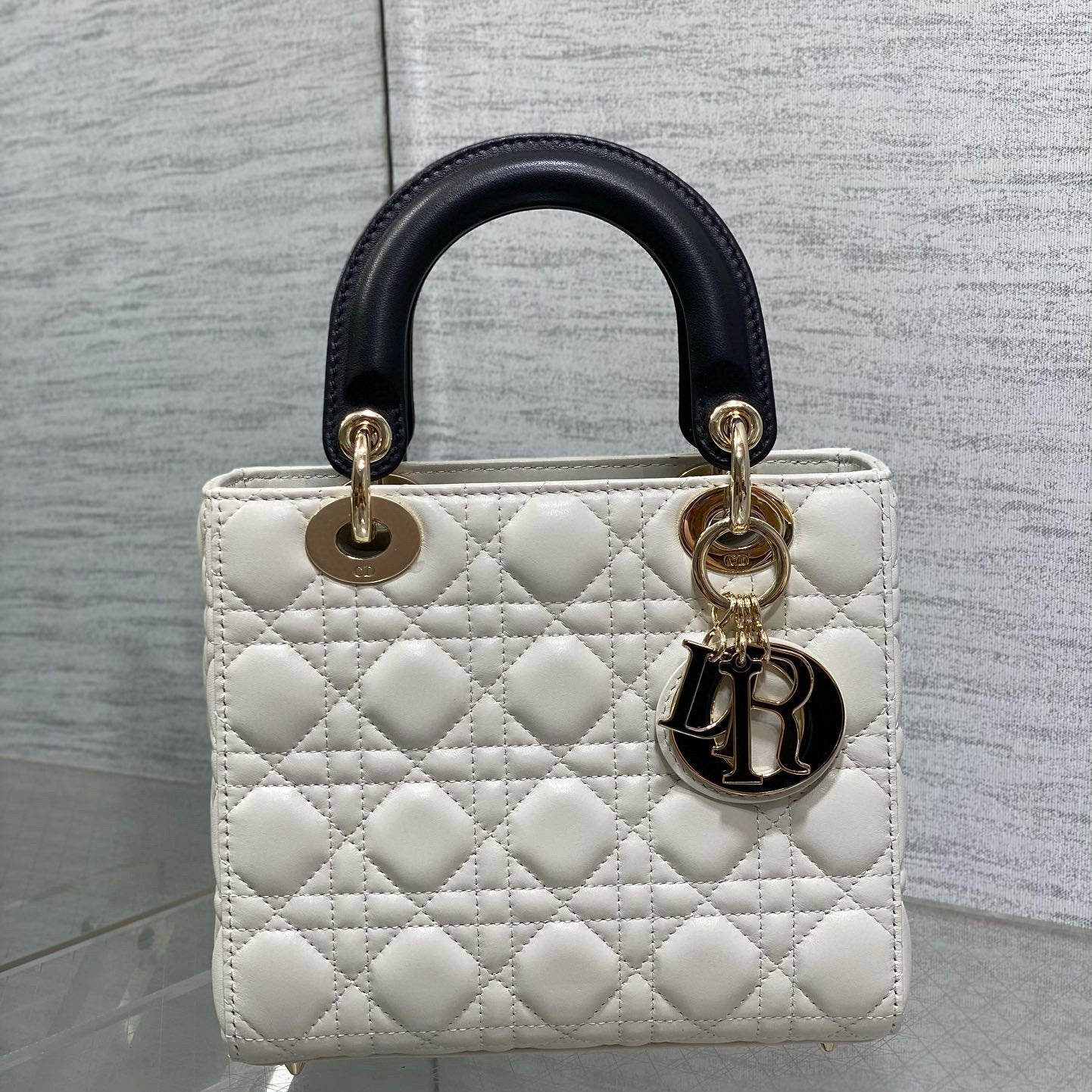 Lady Dior 20cm White Black  Gold Chain Lambskin