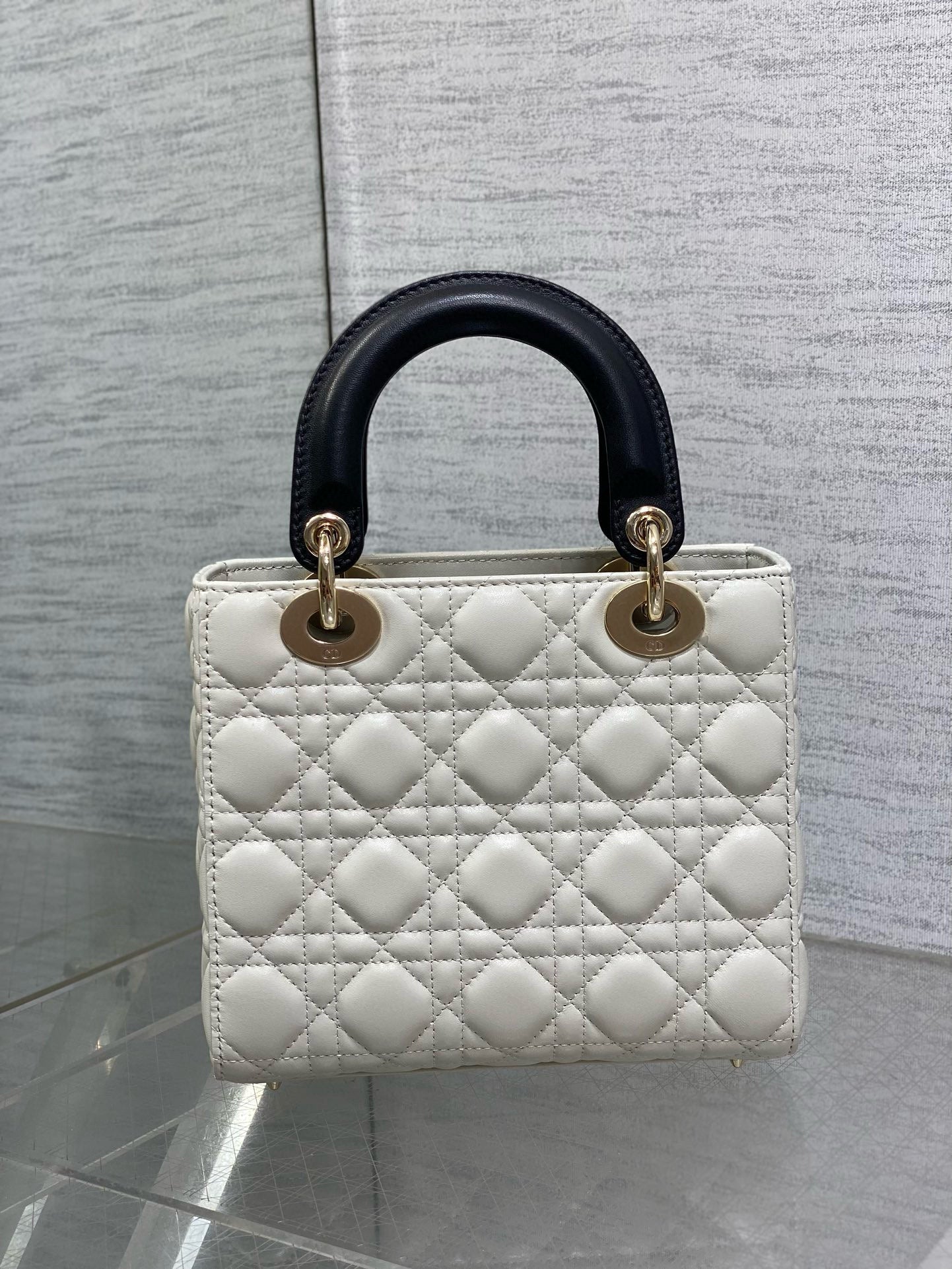 Lady Dior 20cm White Black  Gold Chain Lambskin